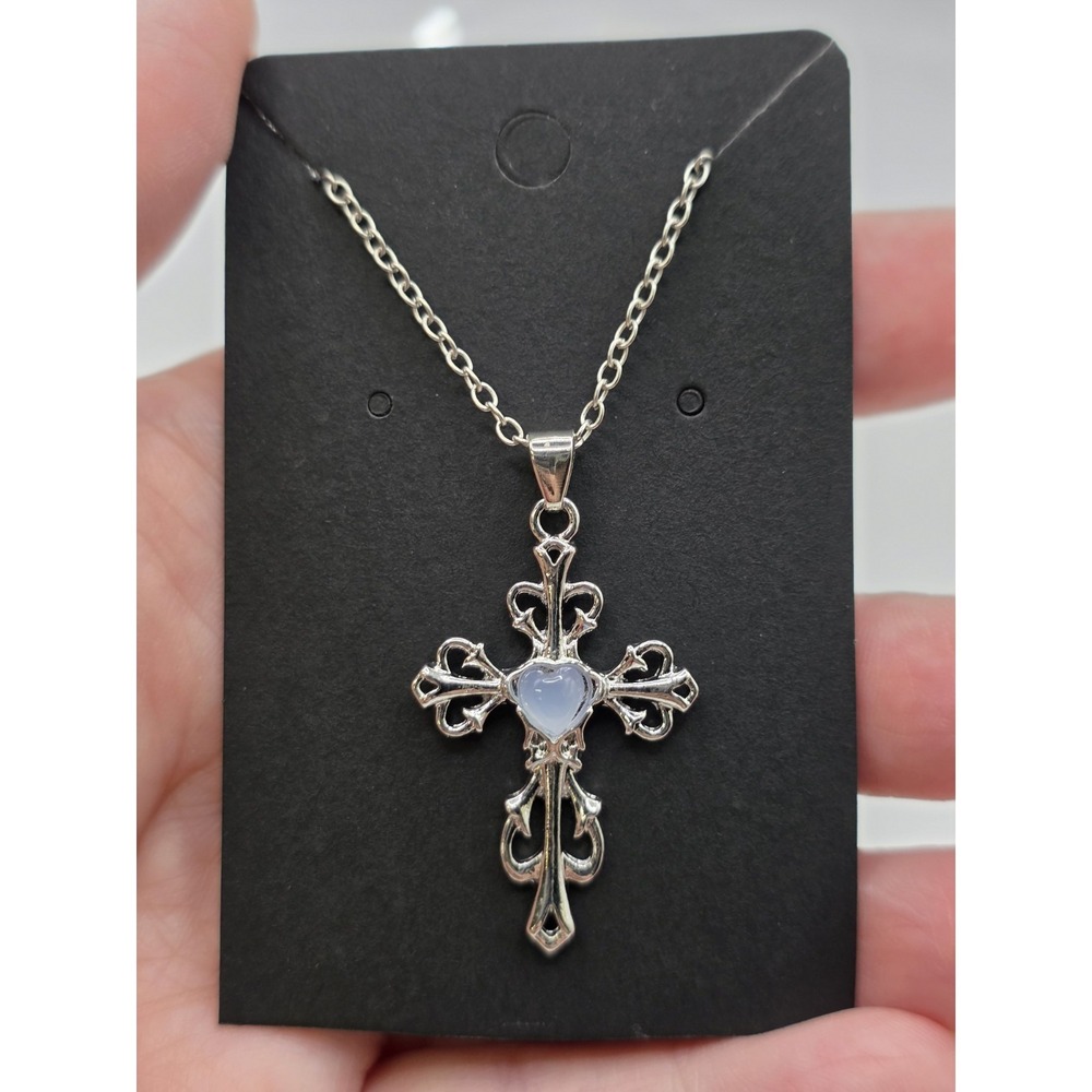 Blue Heart Silvertone Religious Cross